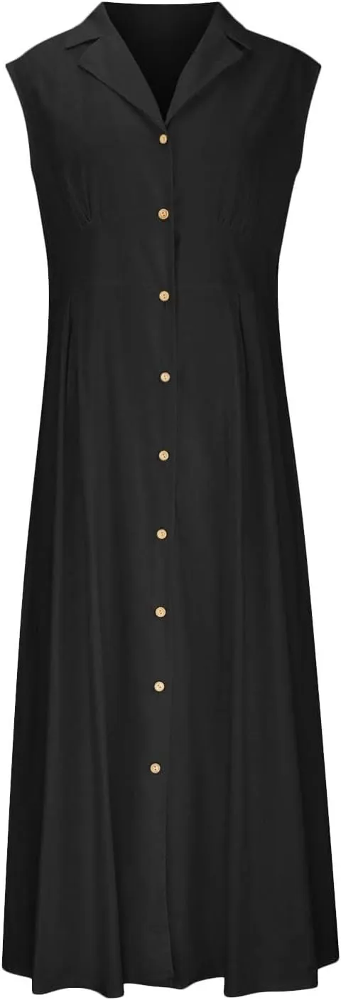 BAXLIMEK Linen Dresses for Women 2025,Summer Trendy Sleeveless Lapel Button Down Dress Flowy Ruched Work Office Maxi Dress