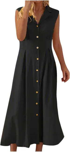 BAXLIMEK Linen Dresses for Women 2025,Summer Trendy Sleeveless Lapel Button Down Dress Flowy Ruched Work Office Maxi Dress