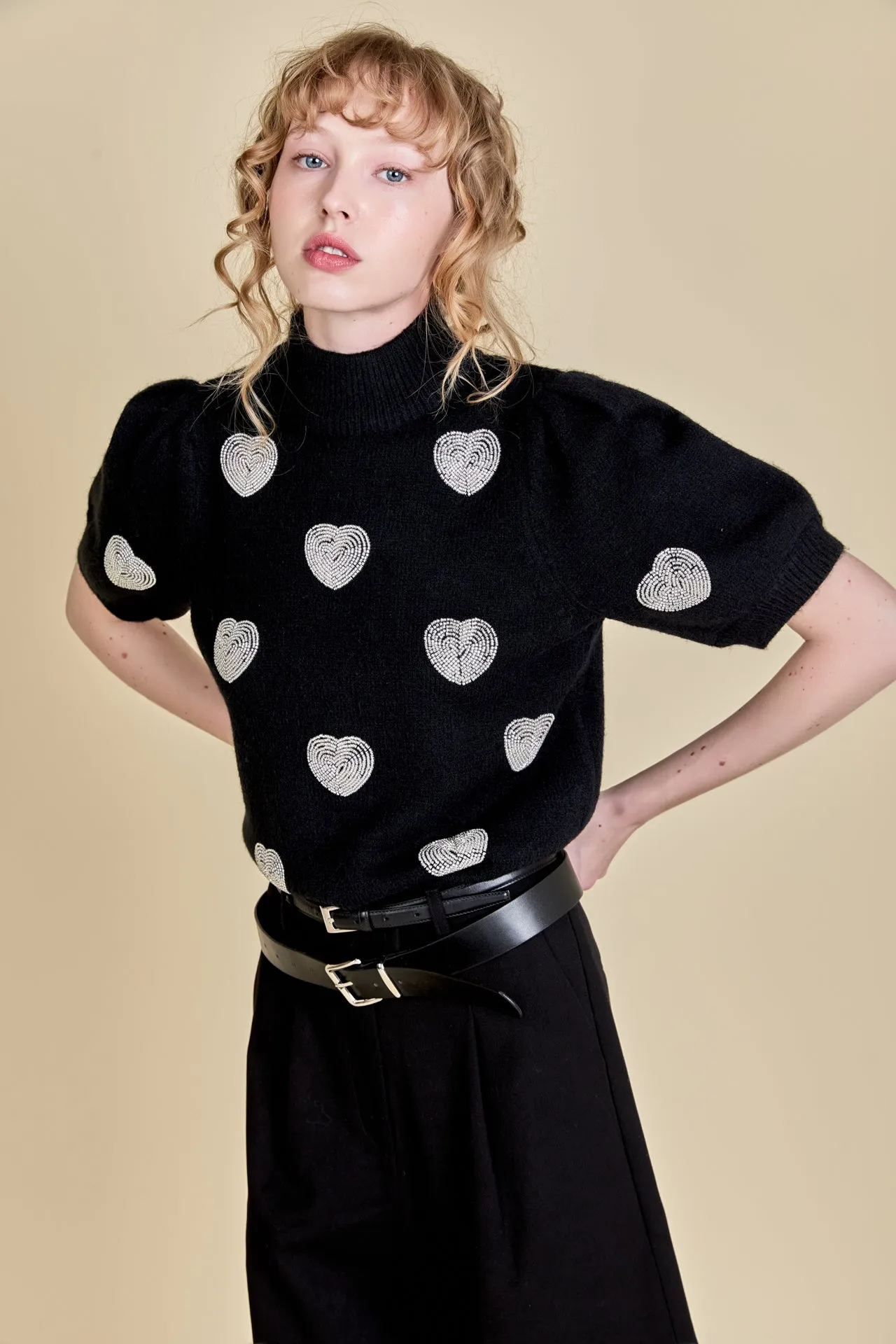 Beaded Heart Puff Sleeve Knit