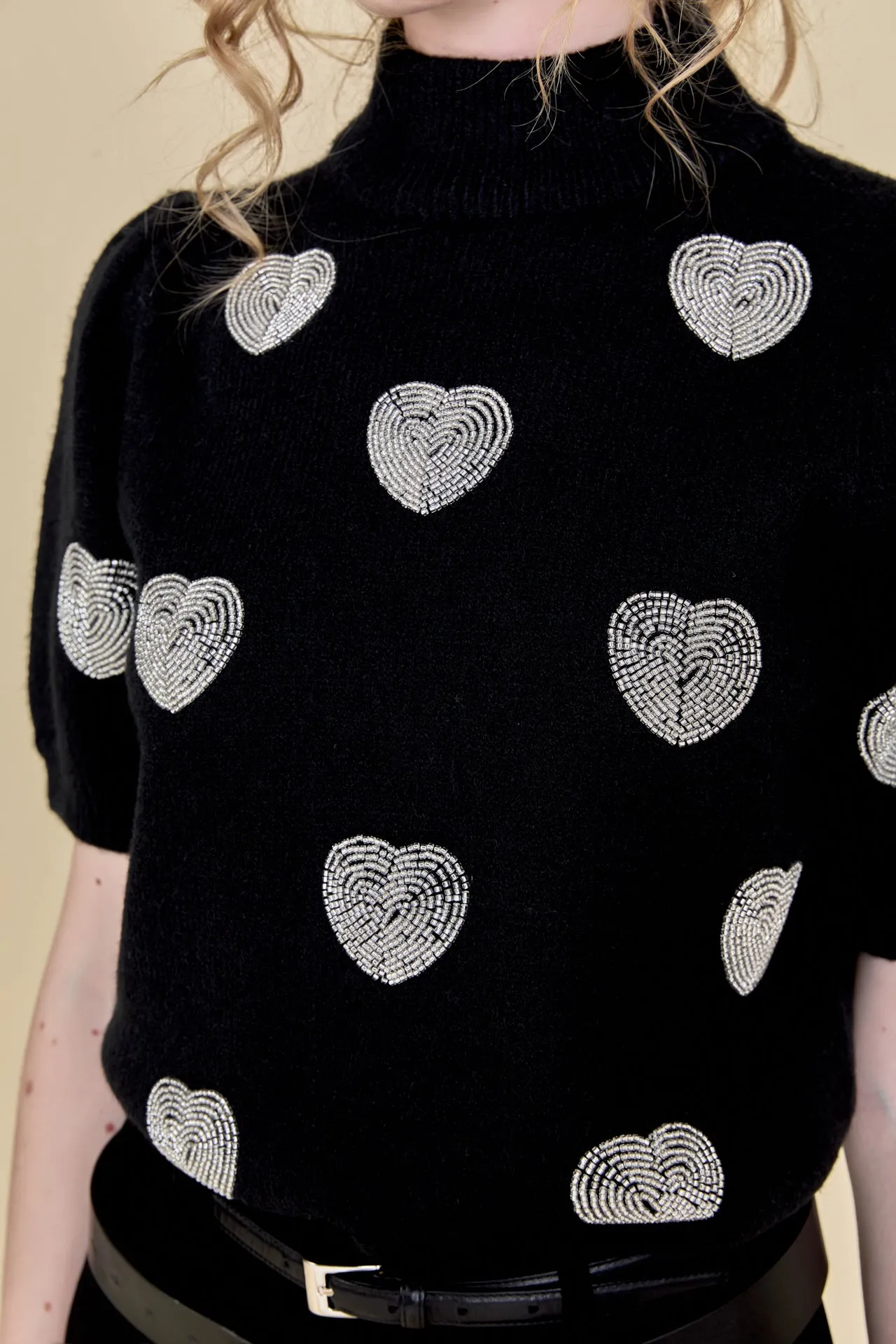 Beaded Heart Puff Sleeve Knit