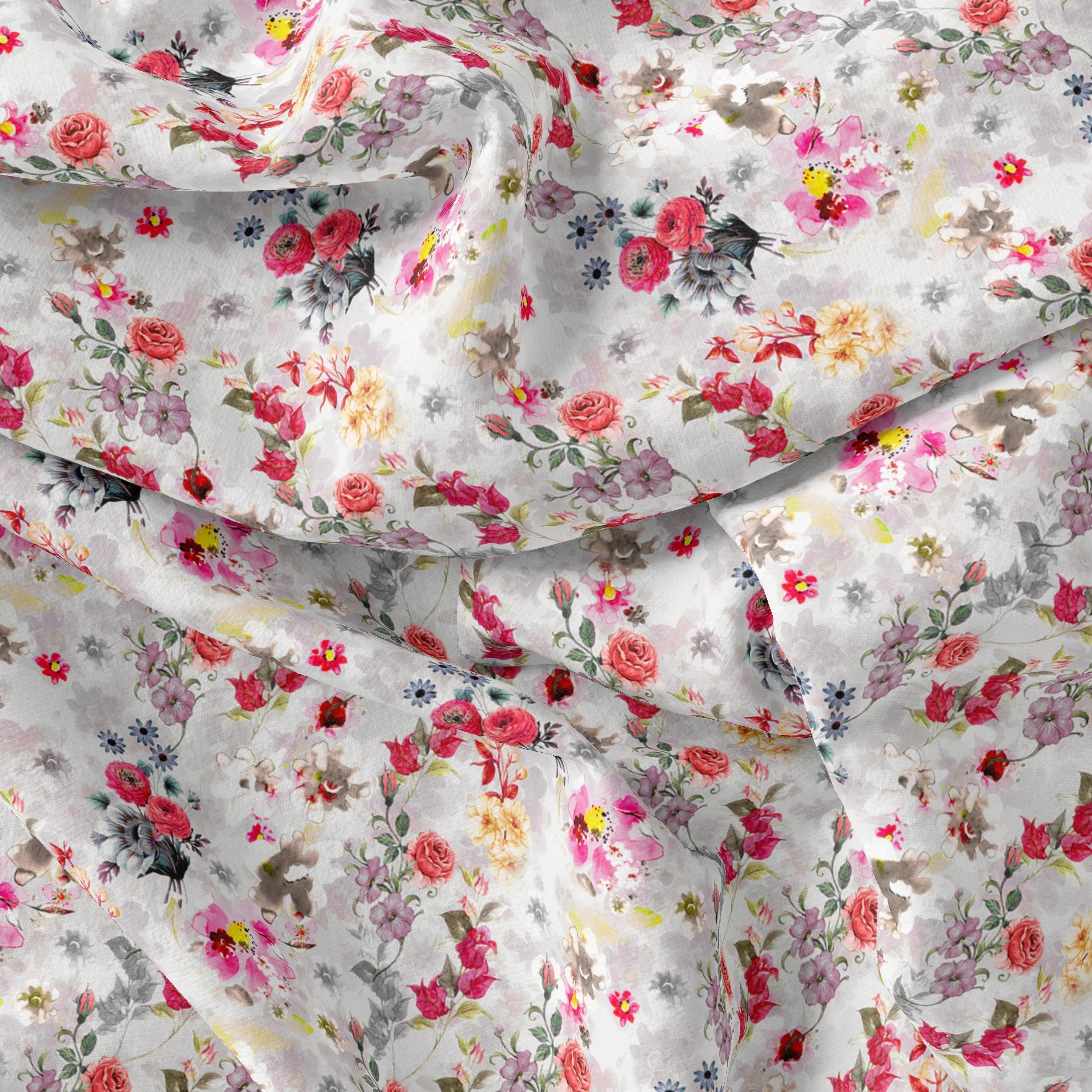 Beautifull Red And Pink Camellia Rose Of Branch Digital Printed Fabric - Silk Crepe