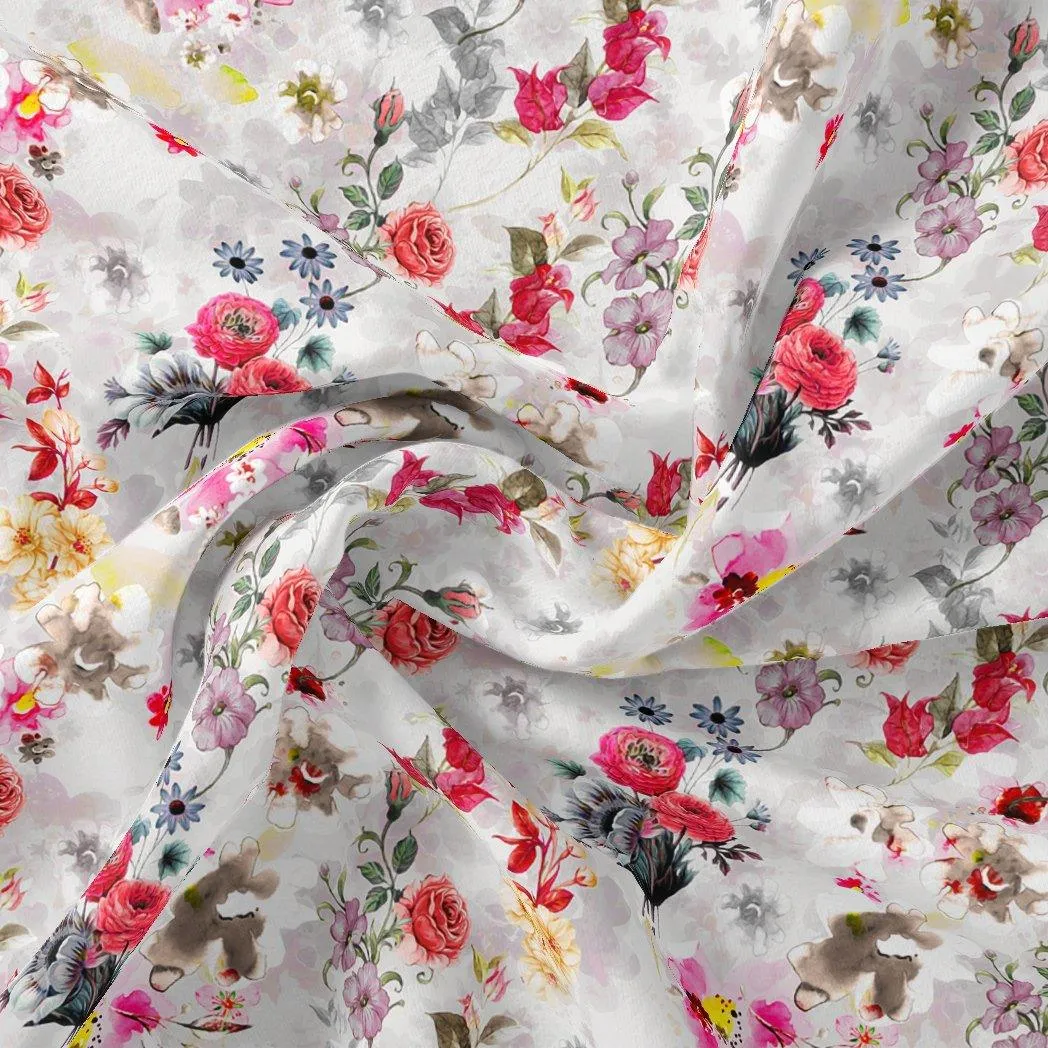 Beautifull Red And Pink Camellia Rose Of Branch Digital Printed Fabric - Silk Crepe
