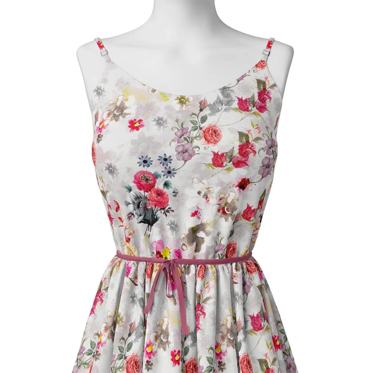 Beautifull Red And Pink Camellia Rose Of Branch Digital Printed Fabric - Silk Crepe