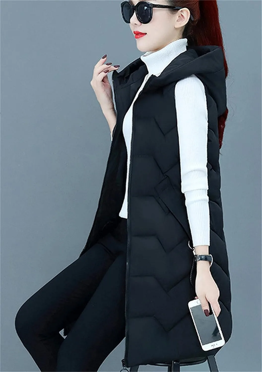 DIACACY Women's Fashion Down Vest Long Section Slim Vest Solid Color Zip Sleeveless Waist coats