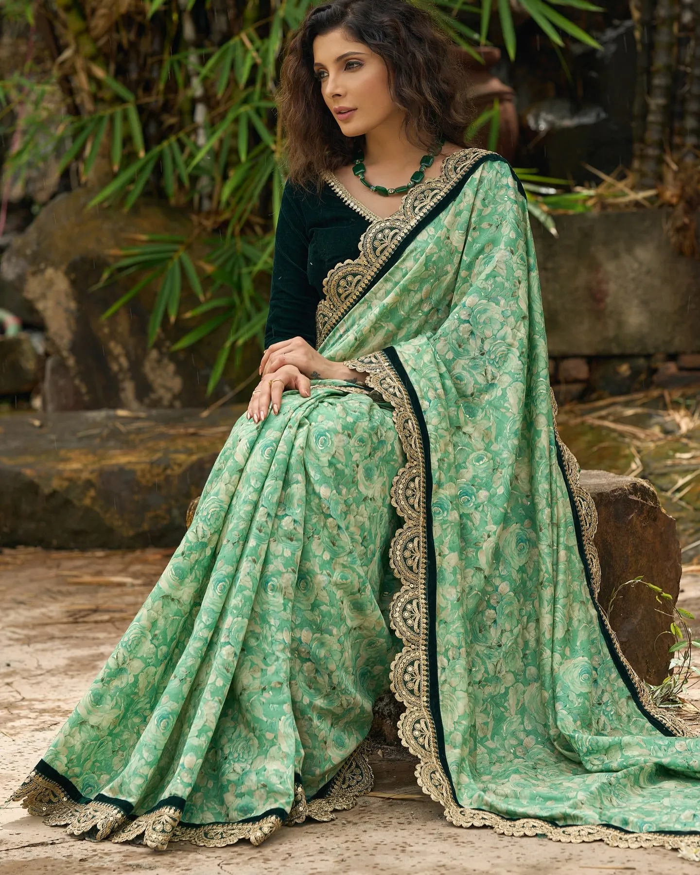 Emerald green floral printed saree