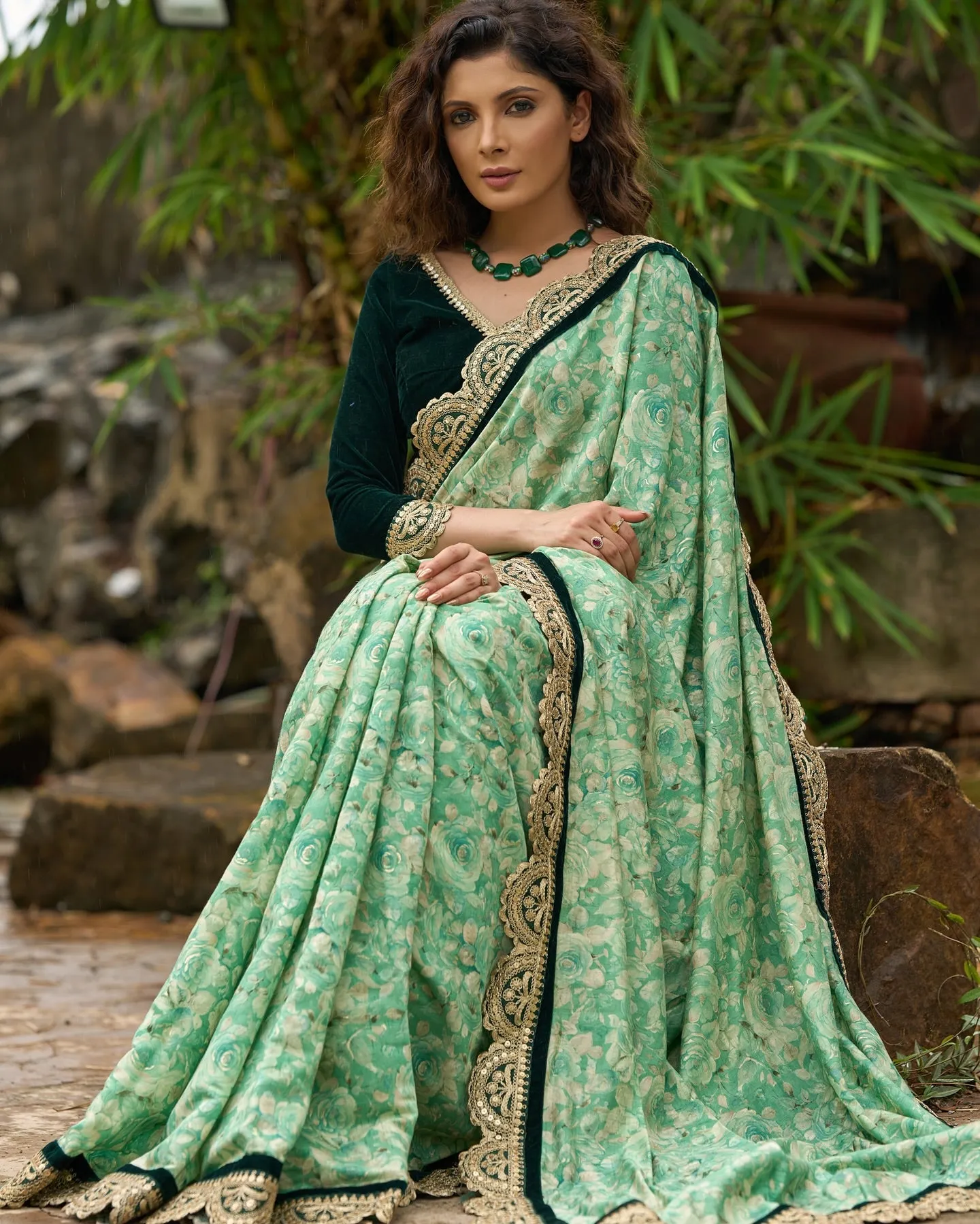 Emerald green floral printed saree