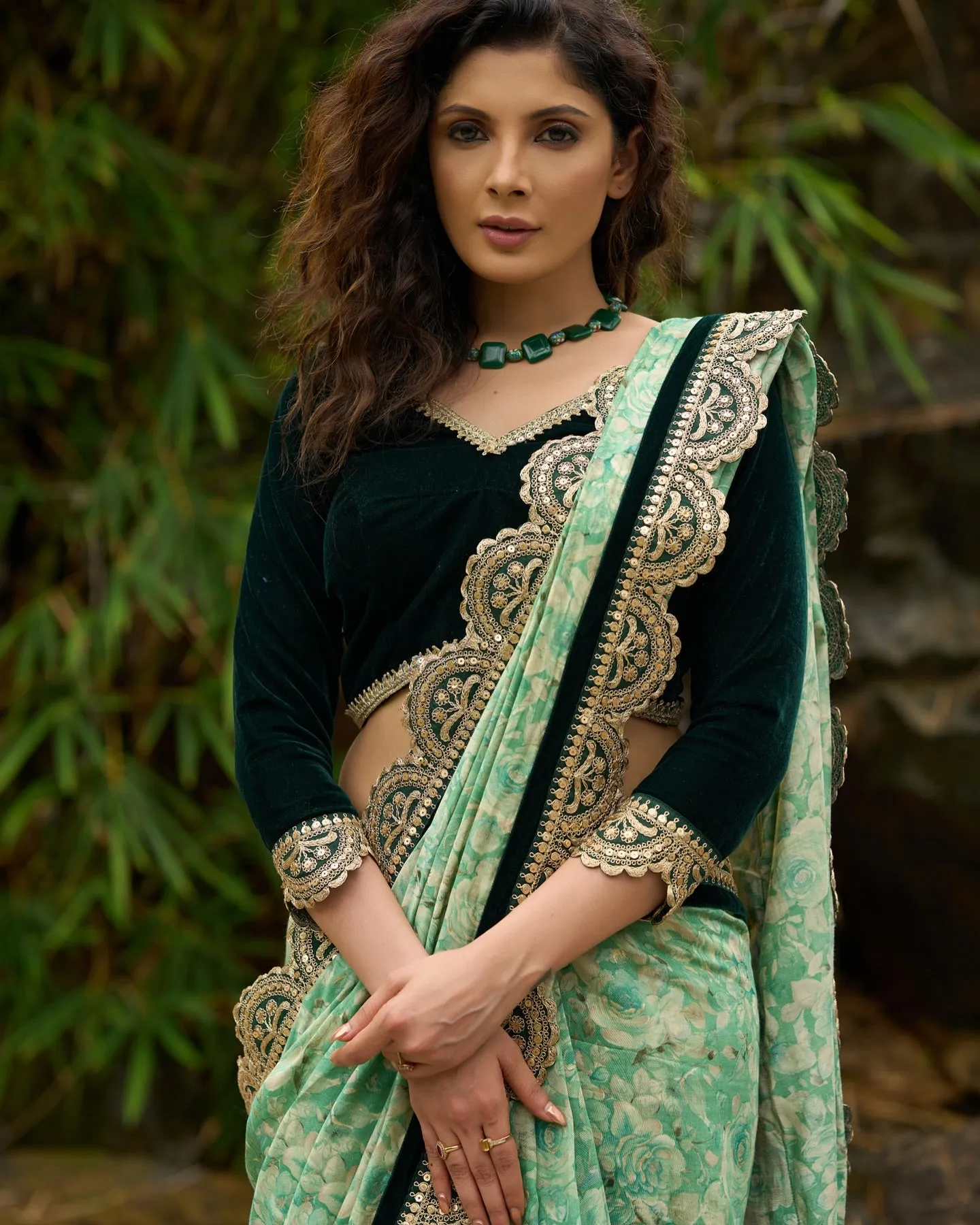Emerald green floral printed saree