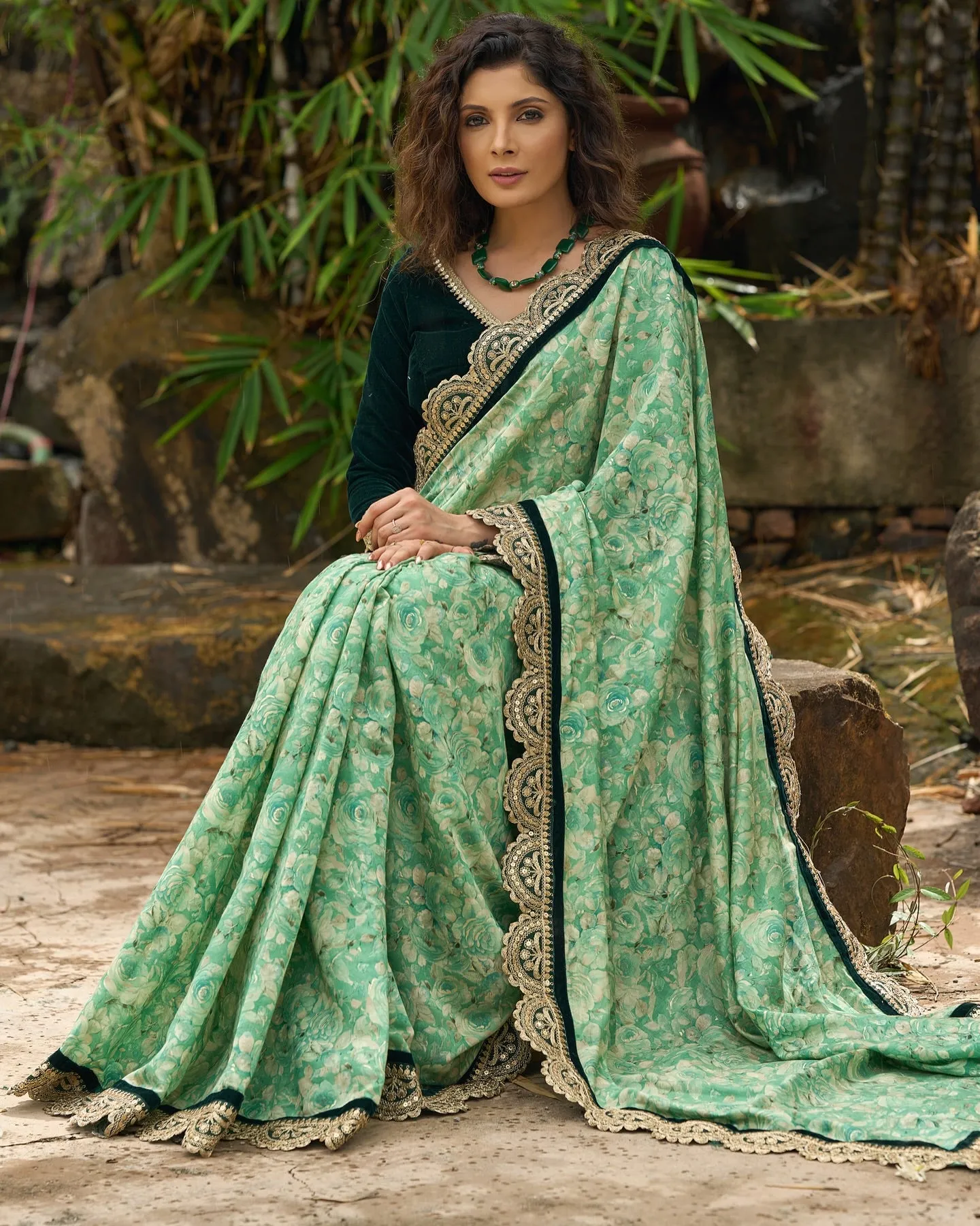 Emerald green floral printed saree