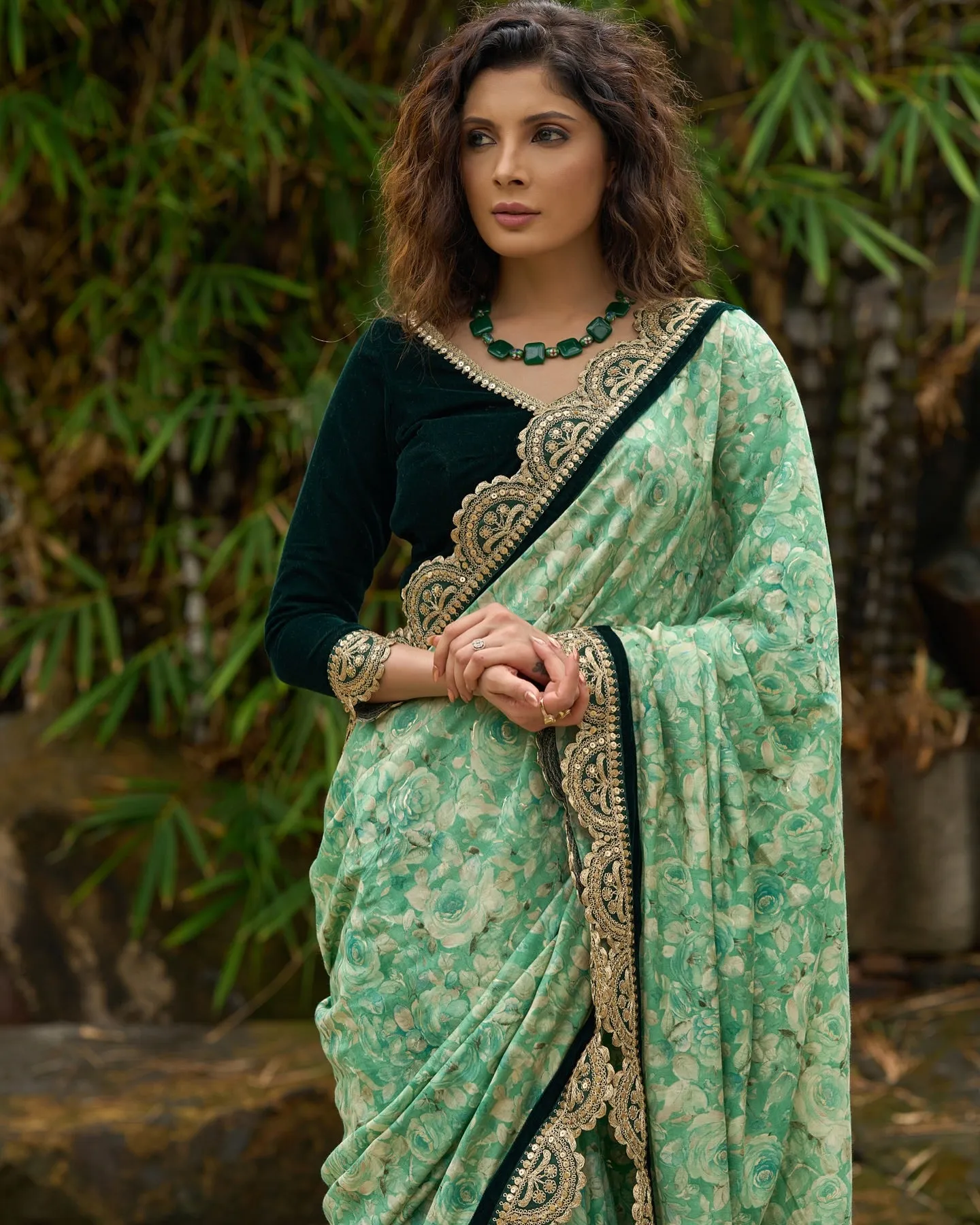 Emerald green floral printed saree