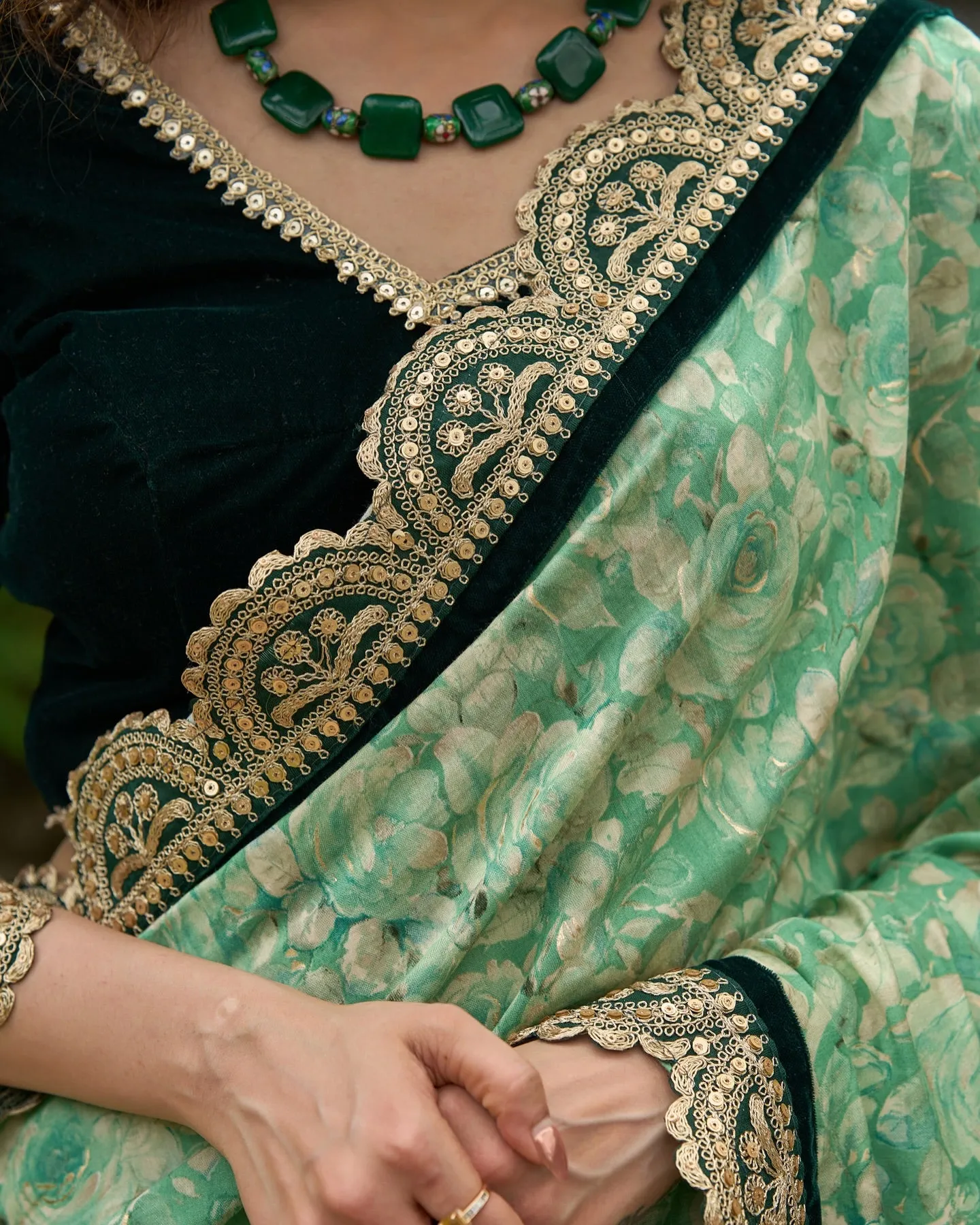 Emerald green floral printed saree