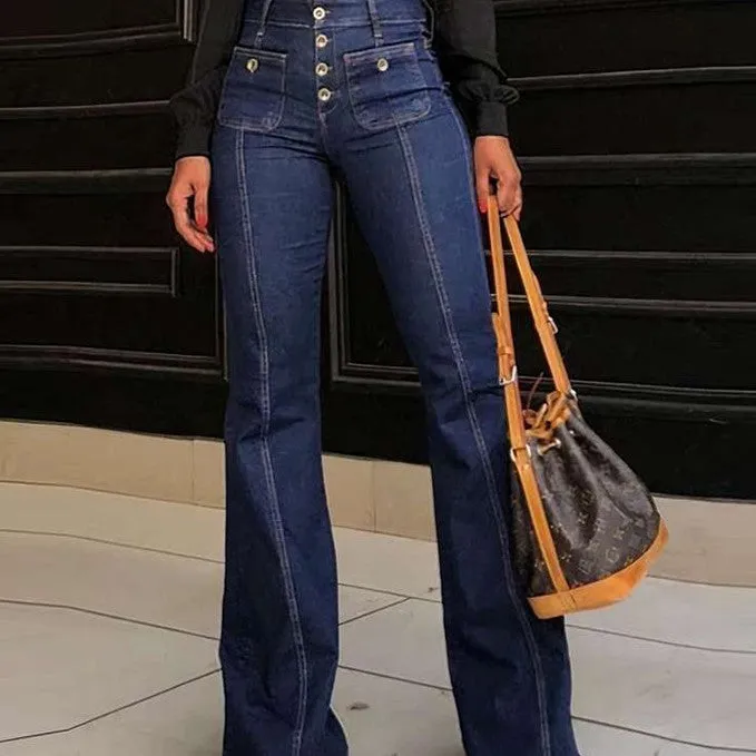 Fashion Stitching Washed Denim Stretch Pants