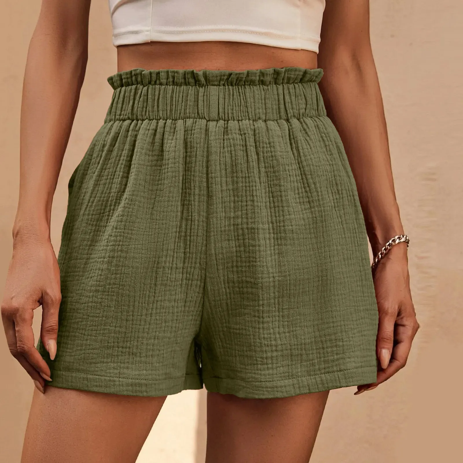 High Waist Cotton Linen Double Layered Pleats Hem Sports Short