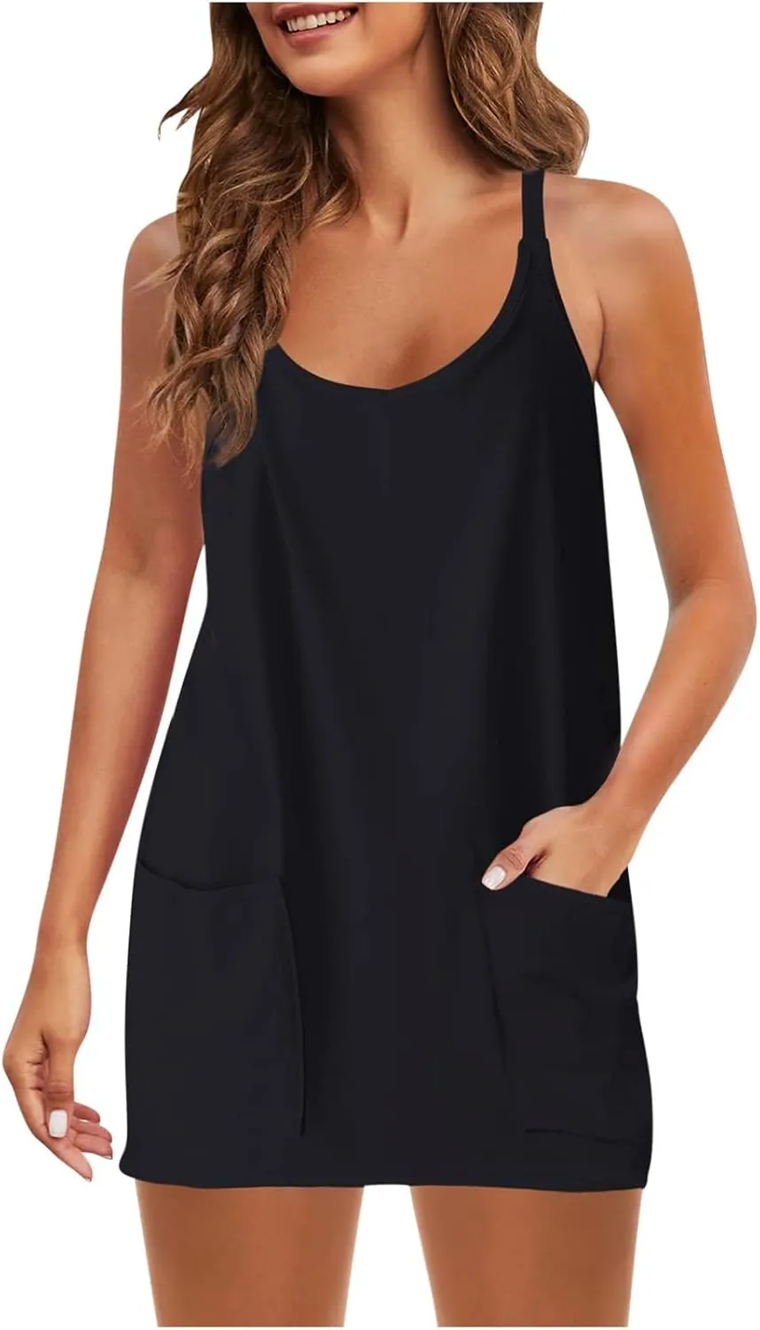 hlysgo Womens Summer Sleeveless Mini Dress Casual V Neck Spaghetti Strap Beach Sundress Athletic Short Dress with Pockets
