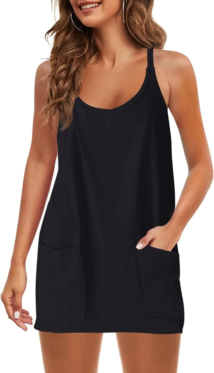hlysgo Womens Summer Sleeveless Mini Dress Casual V Neck Spaghetti Strap Beach Sundress Athletic Short Dress with Pockets