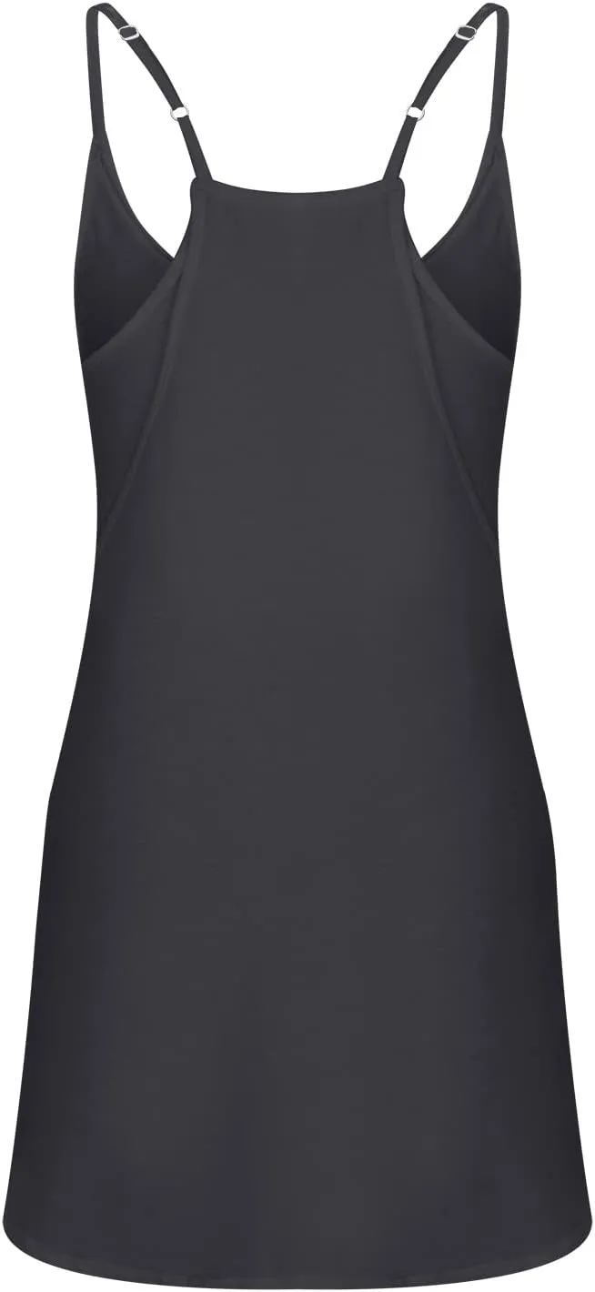 hlysgo Womens Summer Sleeveless Mini Dress Casual V Neck Spaghetti Strap Beach Sundress Athletic Short Dress with Pockets