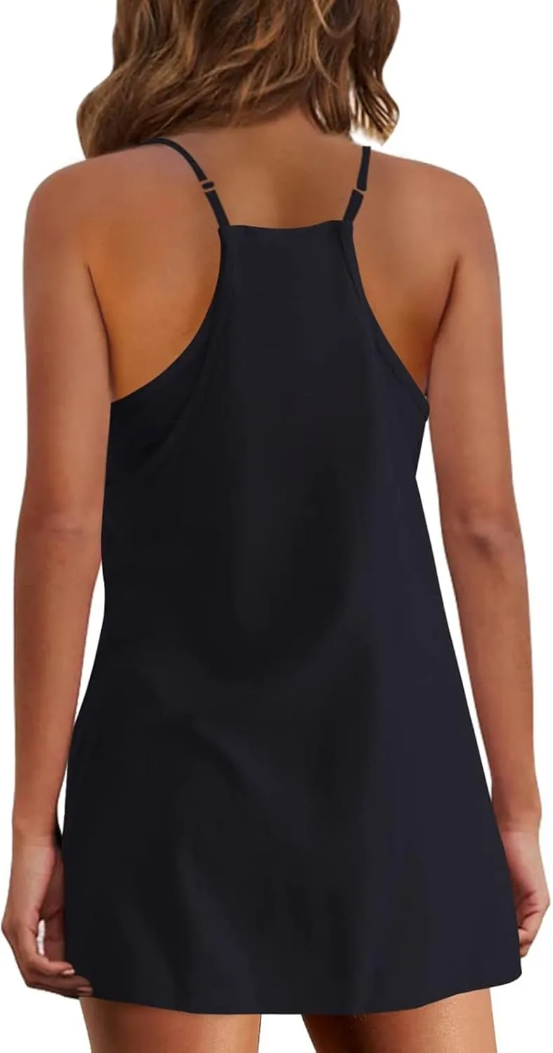 hlysgo Womens Summer Sleeveless Mini Dress Casual V Neck Spaghetti Strap Beach Sundress Athletic Short Dress with Pockets