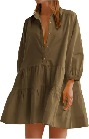 JOAU Women's Cute Summer Babydoll Shirt Mini Dress Puff Sleeve Flowy Tiered Ruffle Swing A-Line Collared Button Shirt Dress