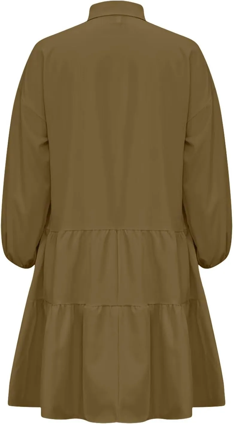 JOAU Women's Cute Summer Babydoll Shirt Mini Dress Puff Sleeve Flowy Tiered Ruffle Swing A-Line Collared Button Shirt Dress