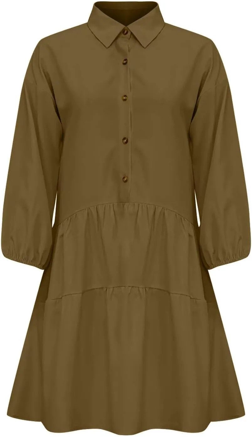 JOAU Women's Cute Summer Babydoll Shirt Mini Dress Puff Sleeve Flowy Tiered Ruffle Swing A-Line Collared Button Shirt Dress