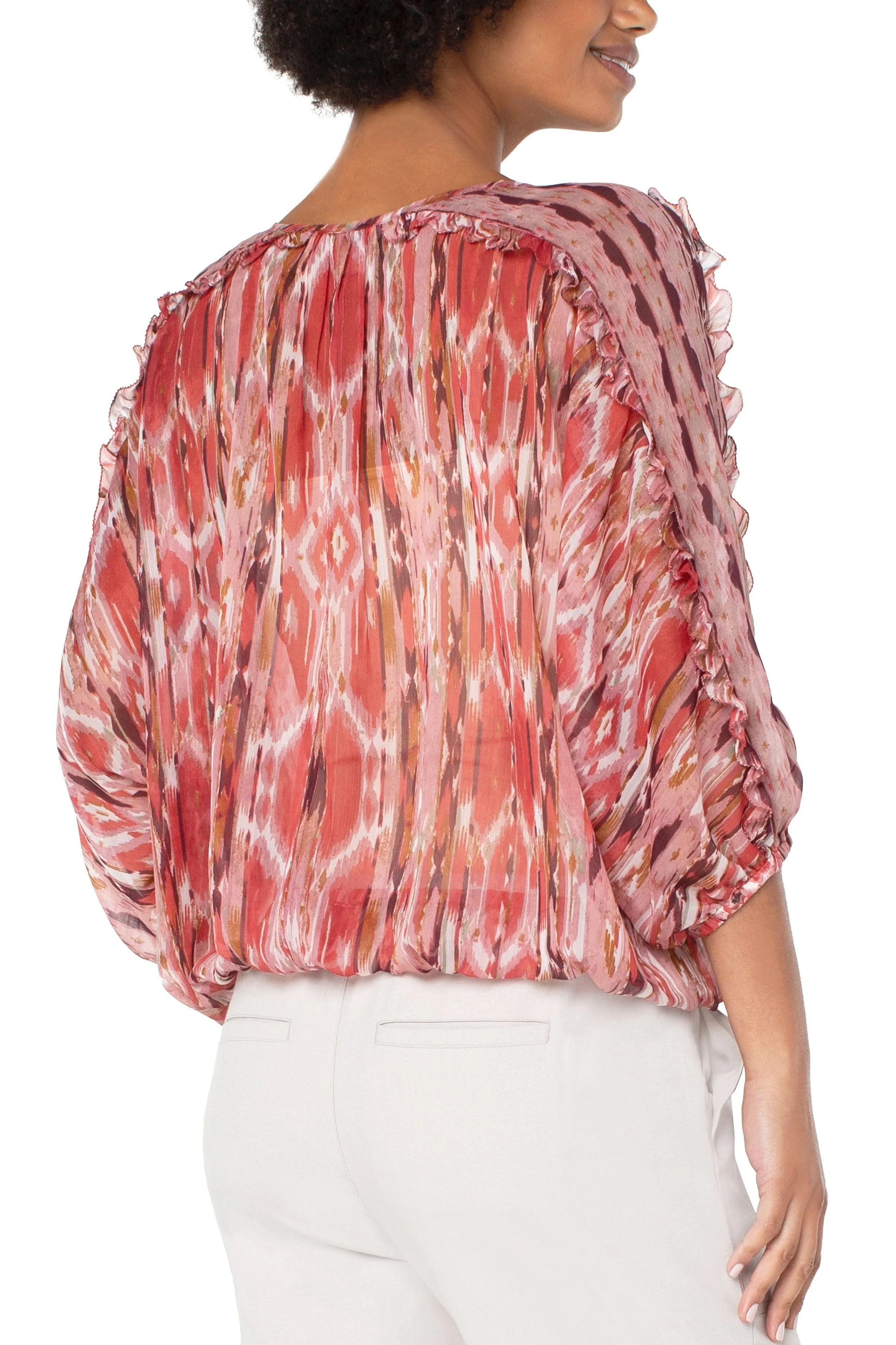 Liverpool Ruffle Sleeve Dolman Popover In Desert Blossom Ikat Print