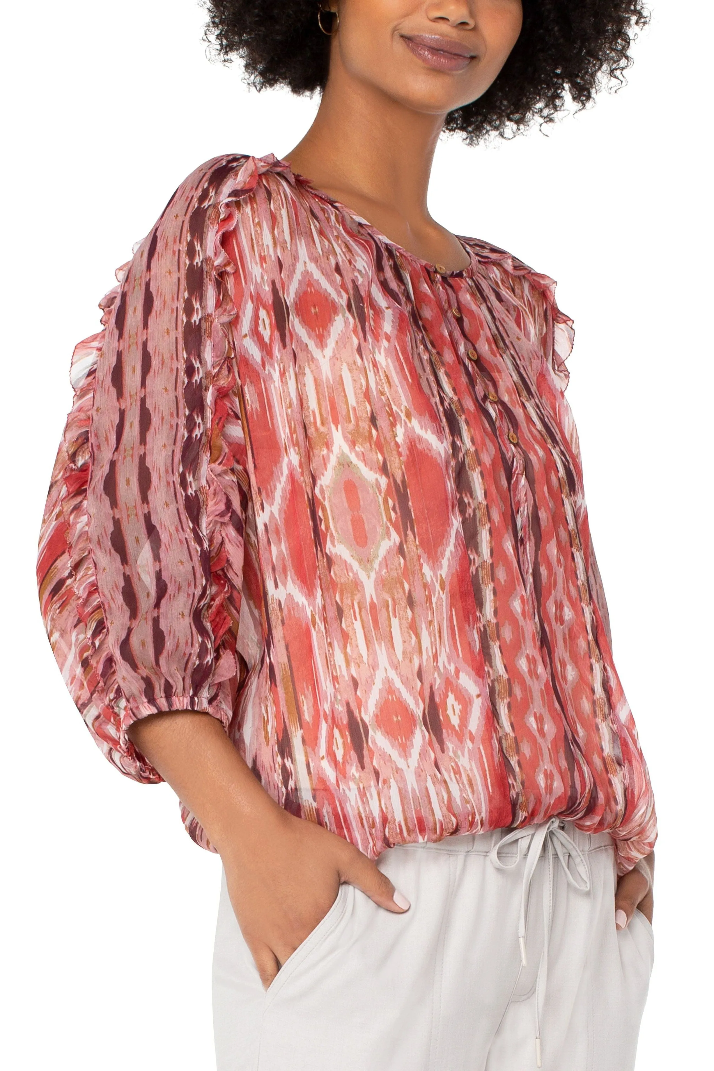 Liverpool Ruffle Sleeve Dolman Popover In Desert Blossom Ikat Print