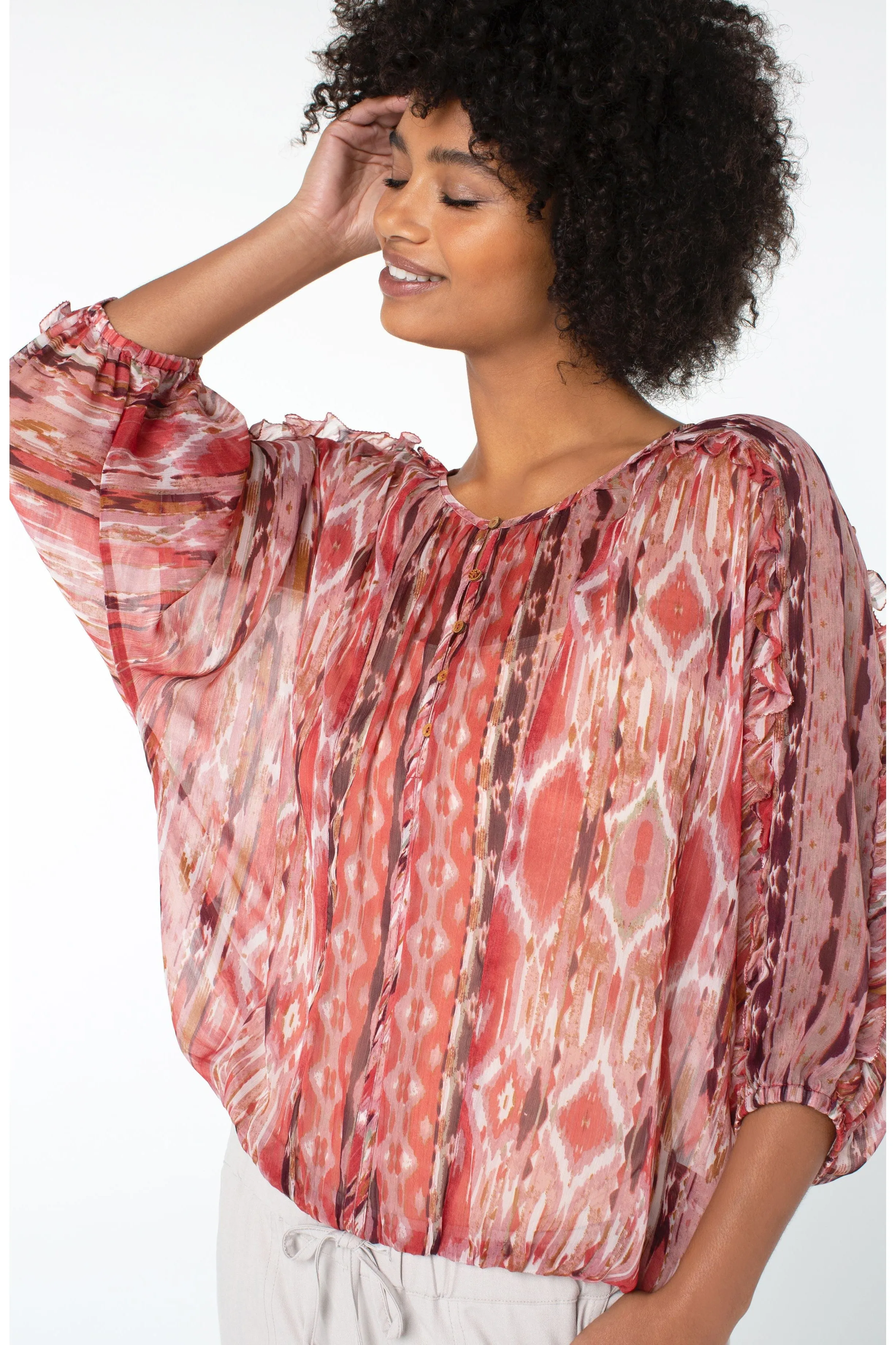 Liverpool Ruffle Sleeve Dolman Popover In Desert Blossom Ikat Print
