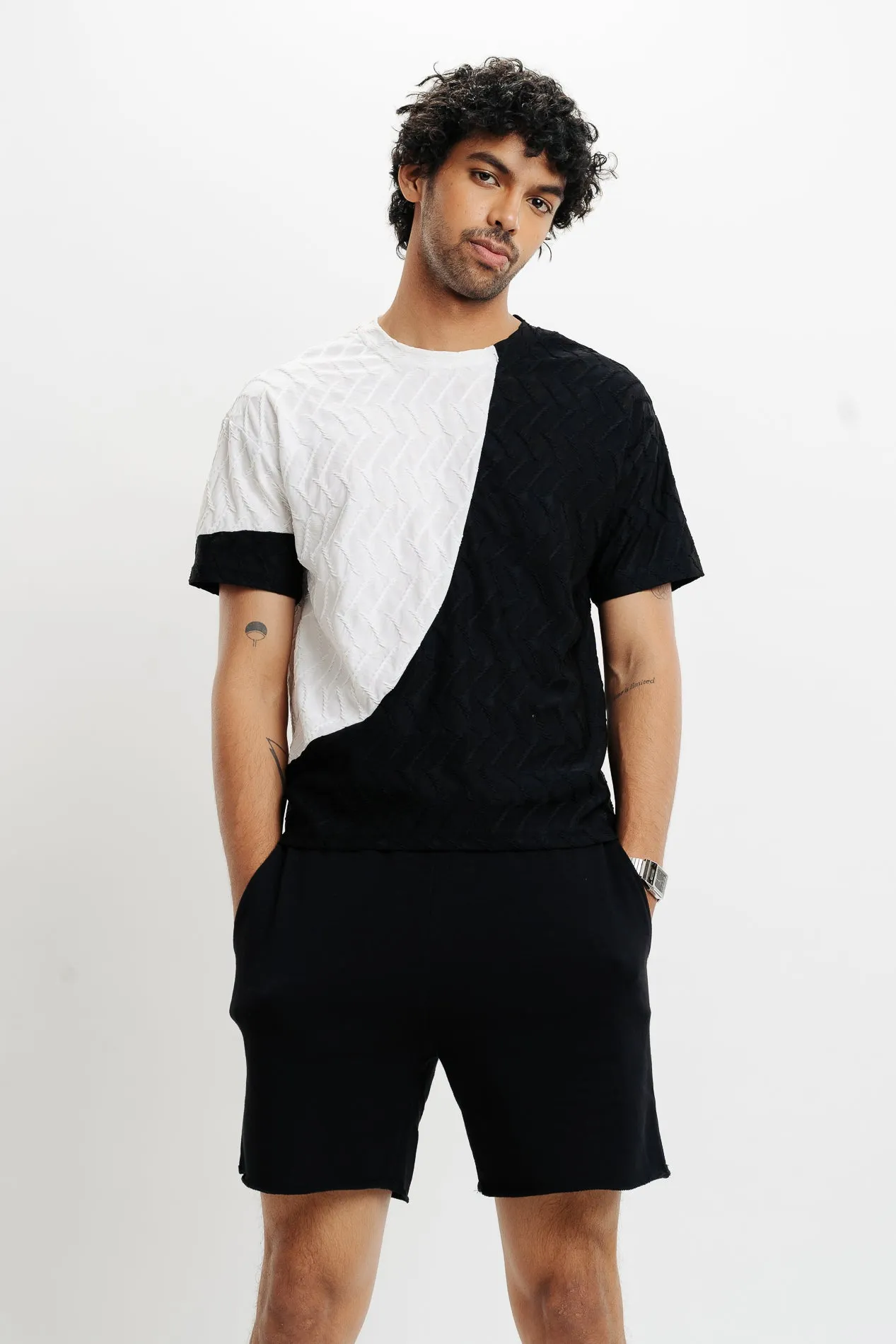 Men's Black White Textured T-Shirt