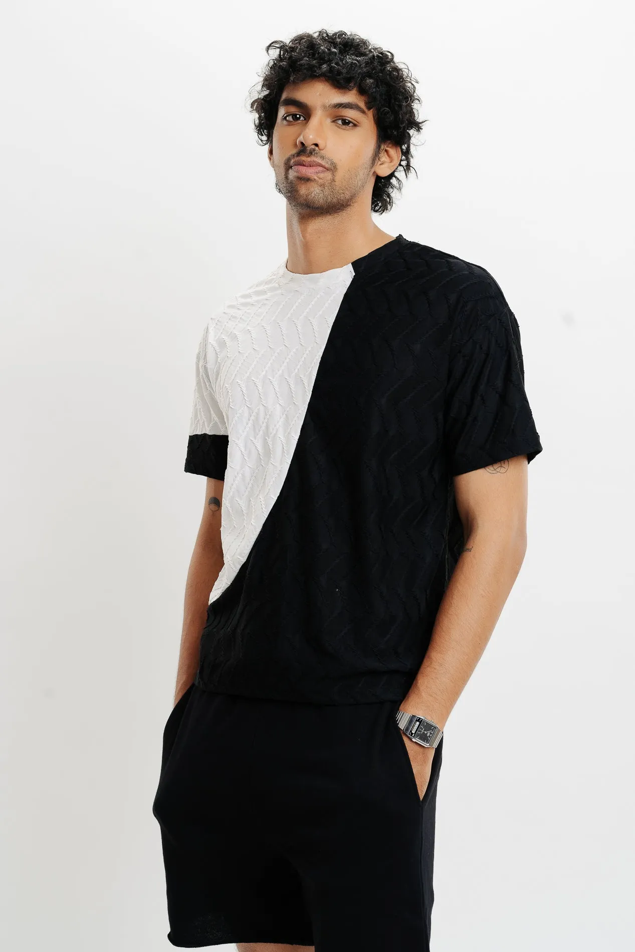 Men's Black White Textured T-Shirt