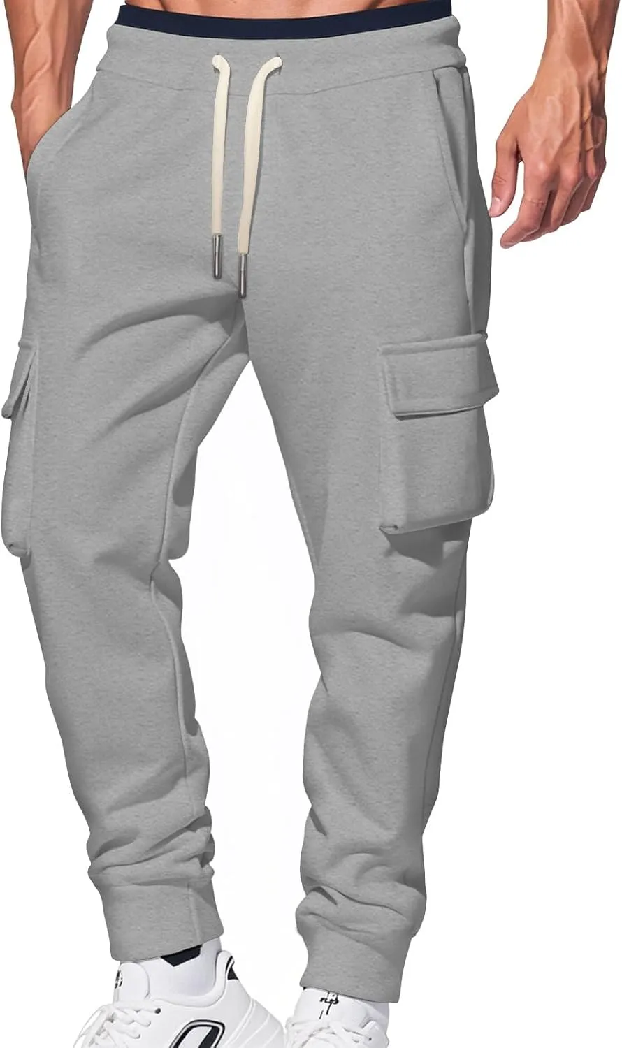Men's Cargo Pants Workout Joggers Stretch Sweatpants Drawstring Tactical Pants with Multi Pockets Hiking