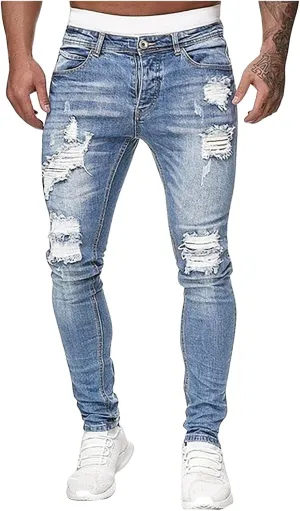Men's Slim Fit Stretch Jeans Destroyed Ripped Skinny Jeans Side Striped Denim Pants Fashion Stretch Trouser