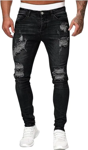 Men's Slim Fit Stretch Jeans Destroyed Ripped Skinny Jeans Side Striped Denim Pants Fashion Stretch Trouser