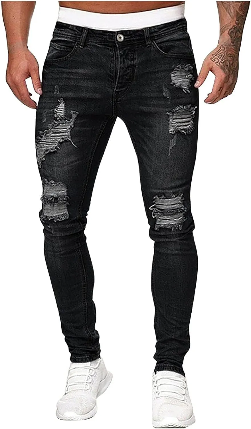 Men's Slim Fit Stretch Jeans Destroyed Ripped Skinny Jeans Side Striped Denim Pants Fashion Stretch Trouser