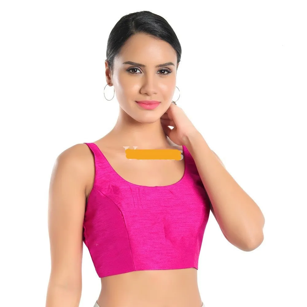 Readymade Dupion Silk Padded Back Open Sleeveless Pink Saree Blouse