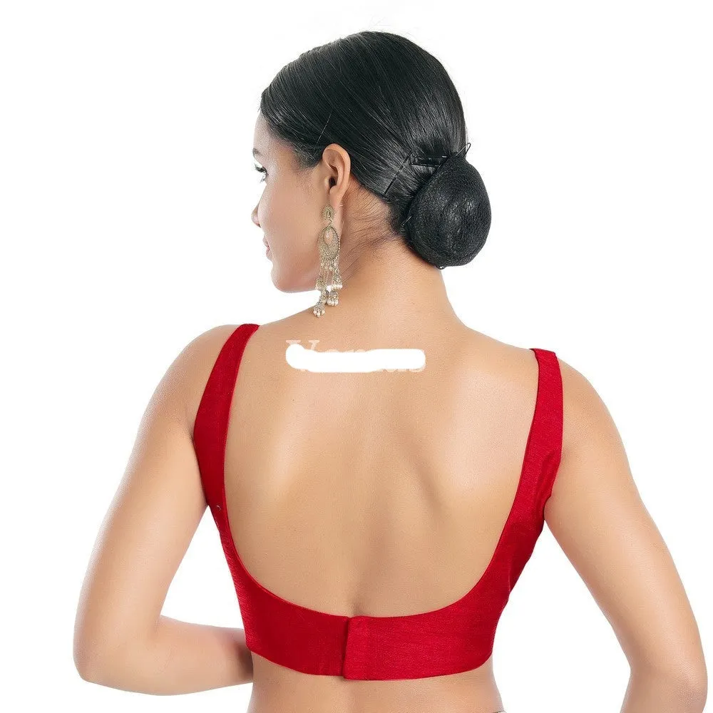 Readymade Dupion Silk Padded Back Open Sleeveless Red Saree Blouse