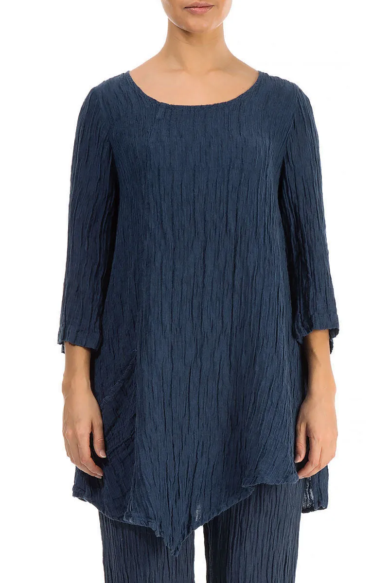 Side Pocket Crinkled Denim Blue Silk Tunic