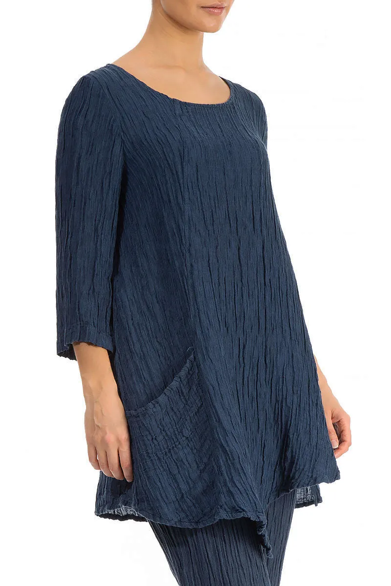 Side Pocket Crinkled Denim Blue Silk Tunic