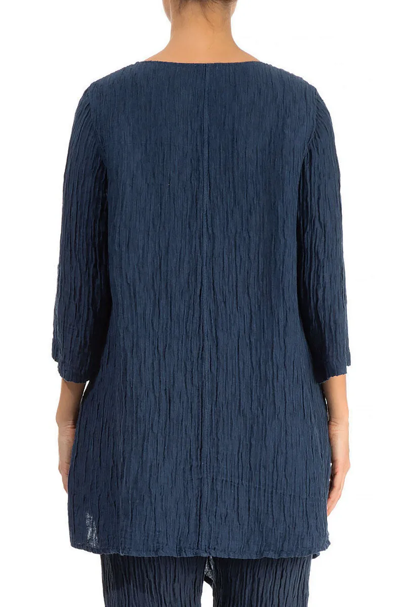 Side Pocket Crinkled Denim Blue Silk Tunic