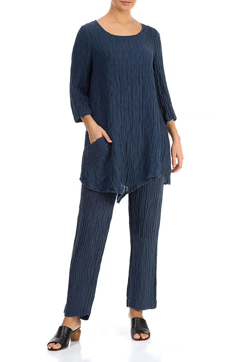 Side Pocket Crinkled Denim Blue Silk Tunic