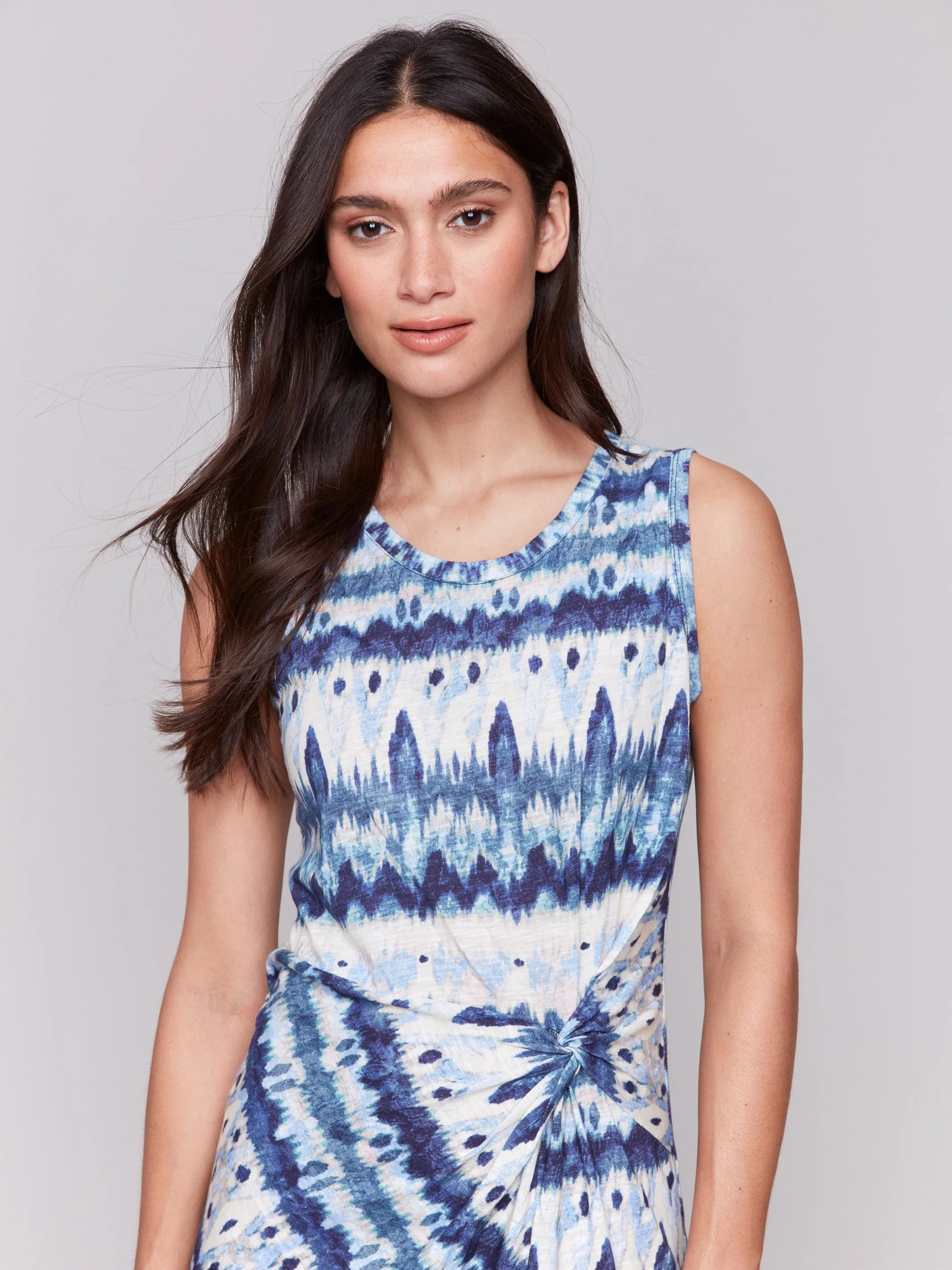 Sleeveless Cotton Dress with Faux Knot Detail - Lake Tahoe