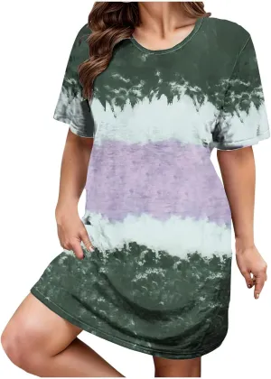 Summer Dress for Women Plus Size Short Sleeve Tie Dye Dress Loose Shirt Dress Causal Holiday Party Dress