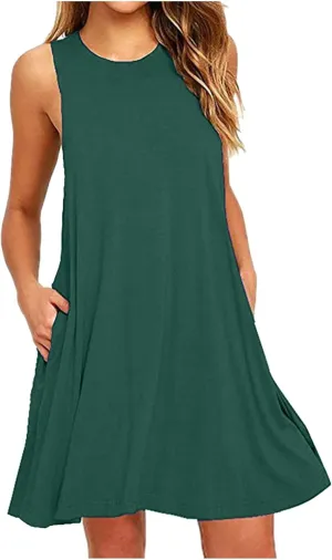 Summer Dresses for Women 2024 Sleeveless Beach Sundress Cover Up Swing Tank Dress Loose Tshirt Dress with Pockets