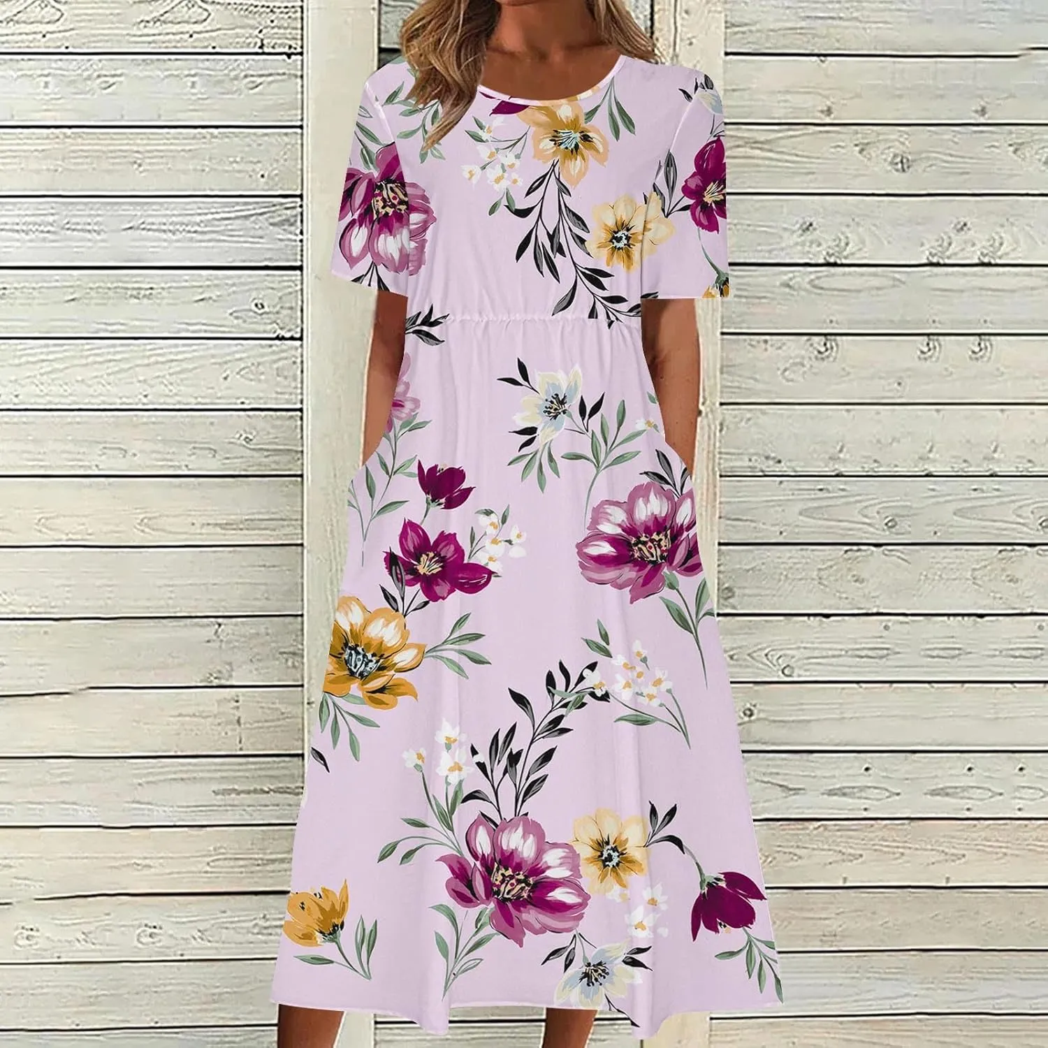 Summer Dresses for Women Short Sleeve A-Line Midi Dress Casual Floral T-Shirt Dress Flowy Beach Sundress with Pockets