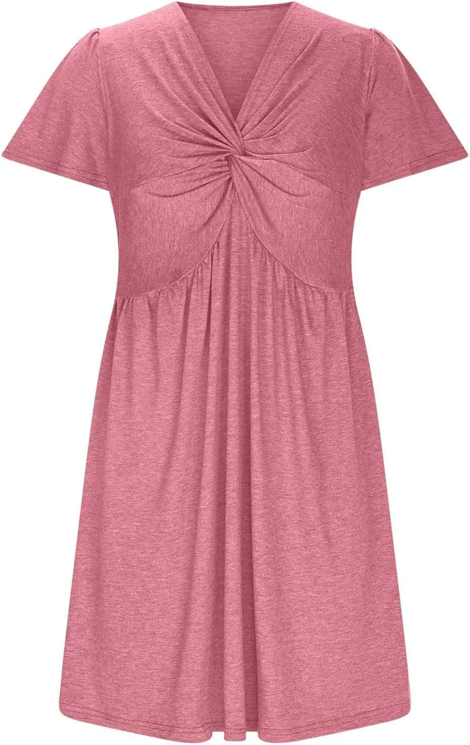 Summer Dresses for Women Short Sleeve Casual Sundress Solid Color Loose Fit V-Neck Pleated Vacation Beach Dress