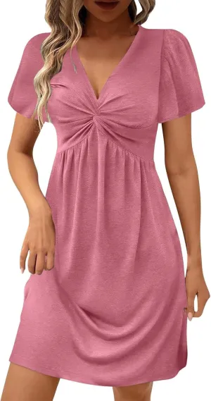Summer Dresses for Women Short Sleeve Casual Sundress Solid Color Loose Fit V-Neck Pleated Vacation Beach Dress