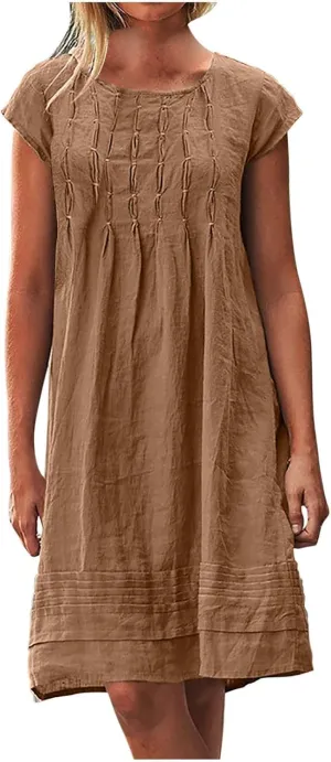 Summer Linen Dress for Women Cap Sleeve Midi Dress Plus Size Loose Dress Casual Pleated Dress Comfy Beach Dresses