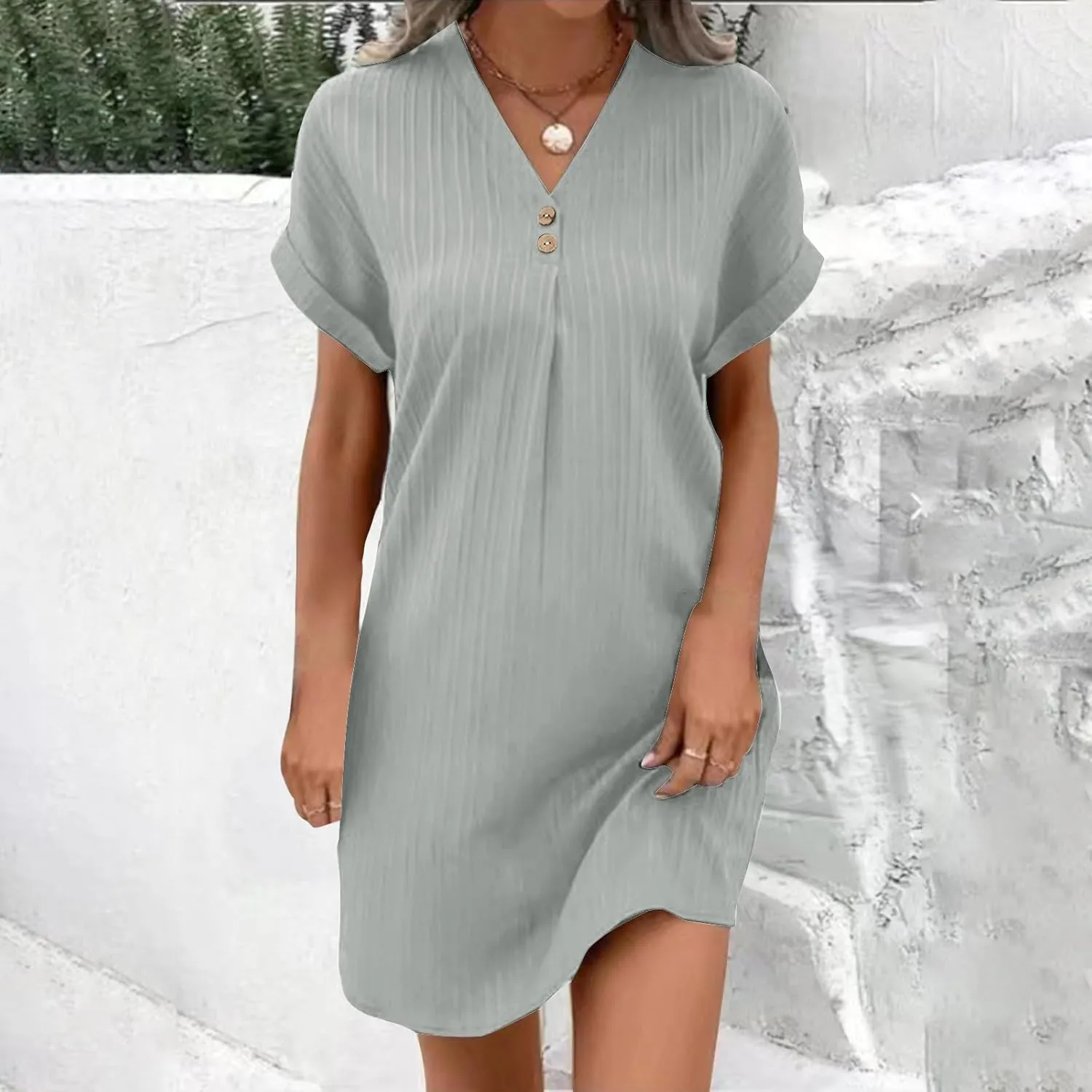 TARIENDY Womens Short Sleeve Dress Loose Fit V Neck Dresses Casual Summer Comfy Sundress Plain Beach Vacation Outfits 2025