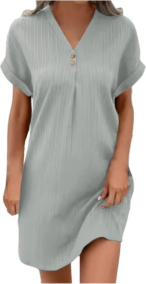 TARIENDY Womens Short Sleeve Dress Loose Fit V Neck Dresses Casual Summer Comfy Sundress Plain Beach Vacation Outfits 2025