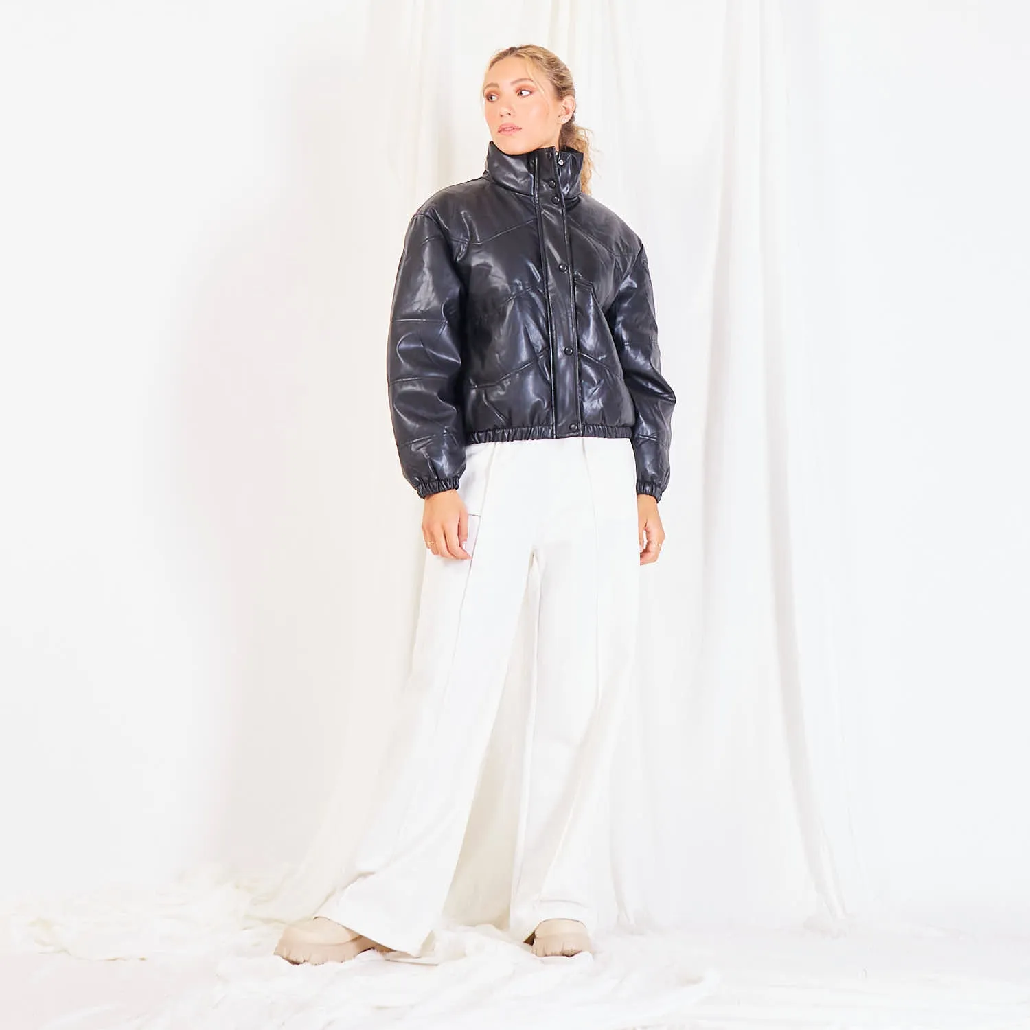 Wholesale padded leather jacket with stand collar