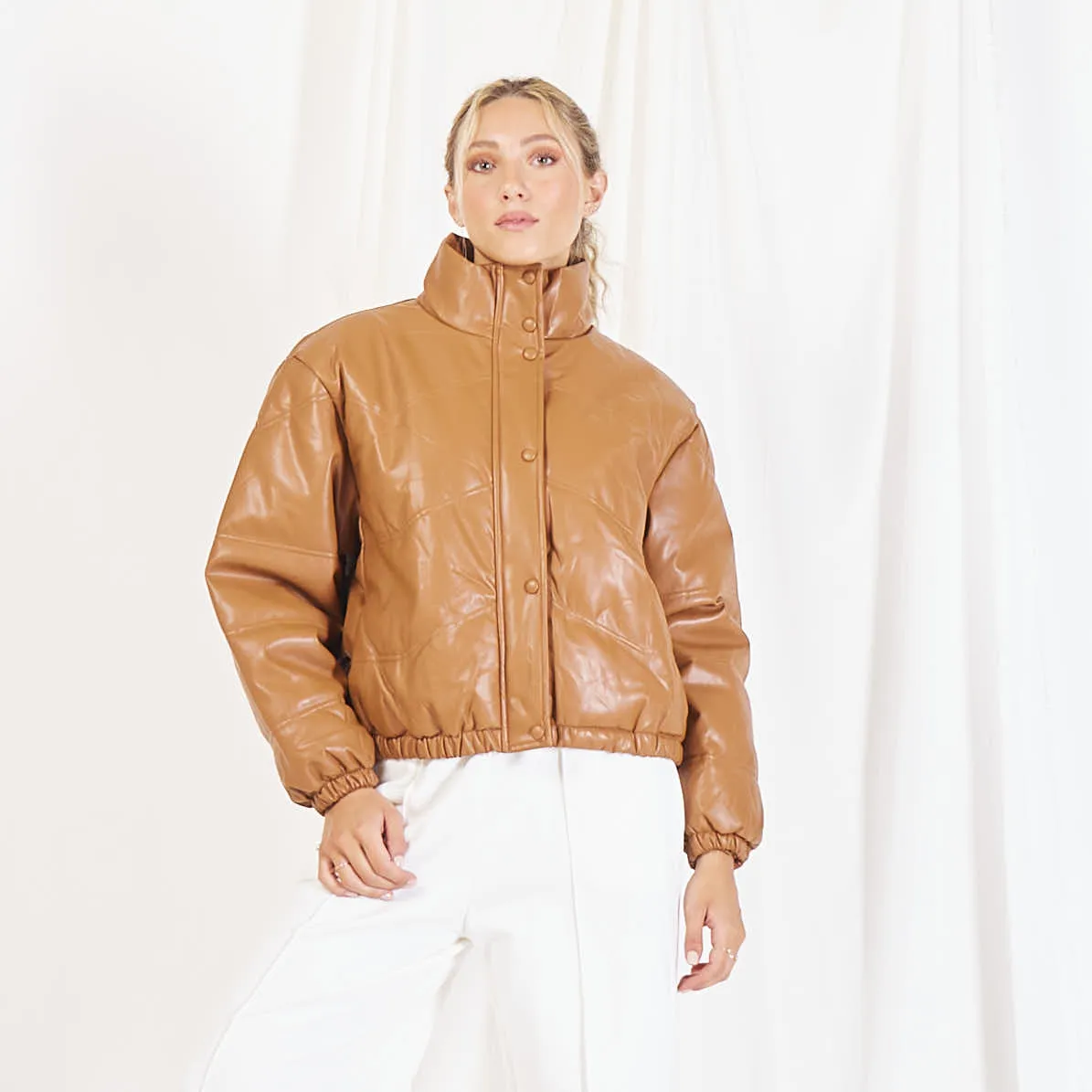 Wholesale padded leather jacket with stand collar