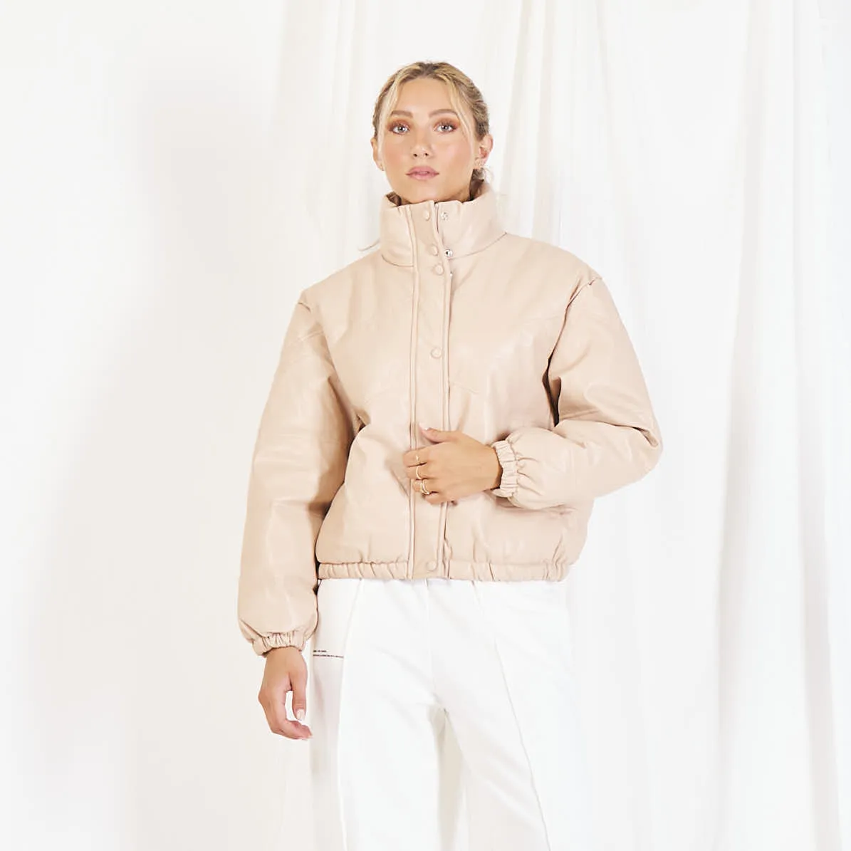 Wholesale padded leather jacket with stand collar